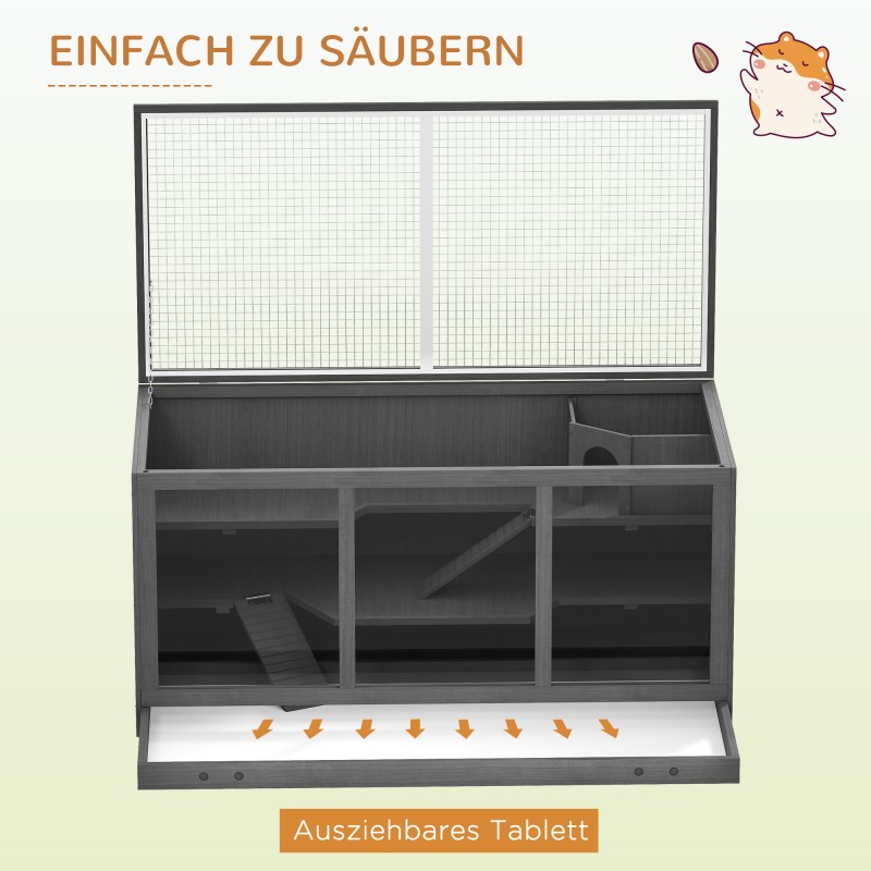 Pieneläinhäkki hamstereille ja marsuille, monitasoinen puu- ja muovirakenne, 115 x 57 x 55 cm, harmaa