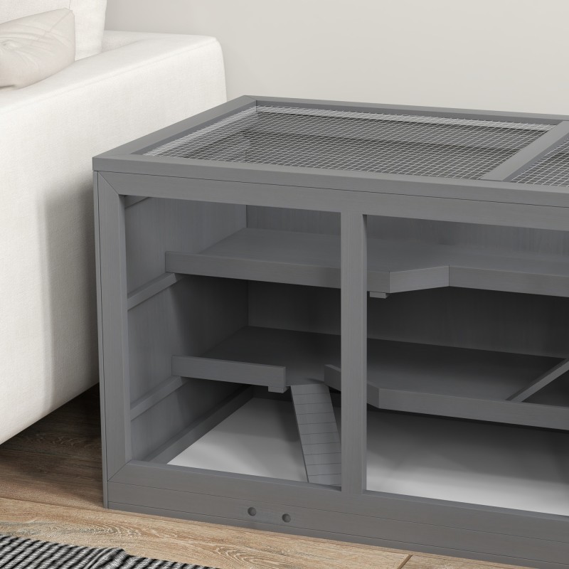 Pieneläinhäkki hamstereille ja marsuille, monitasoinen puu- ja muovirakenne, 115 x 57 x 55 cm, harmaa