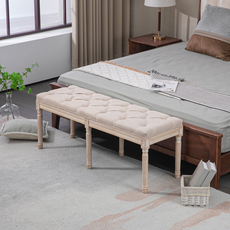 Säilytyksetön vintage-penkki nappikoristelu, kumipuu, 117x40x48 cm, beige