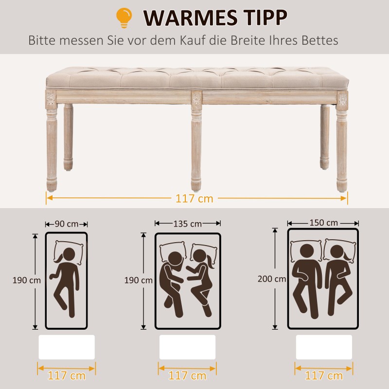 Säilytyksetön vintage-penkki nappikoristelu, kumipuu, 117x40x48 cm, beige