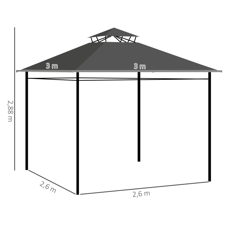 Puutarhapaviljonki / party teltta, metalli–polyesteri, 3 x 3 x 2,88 m, tummanharmaa