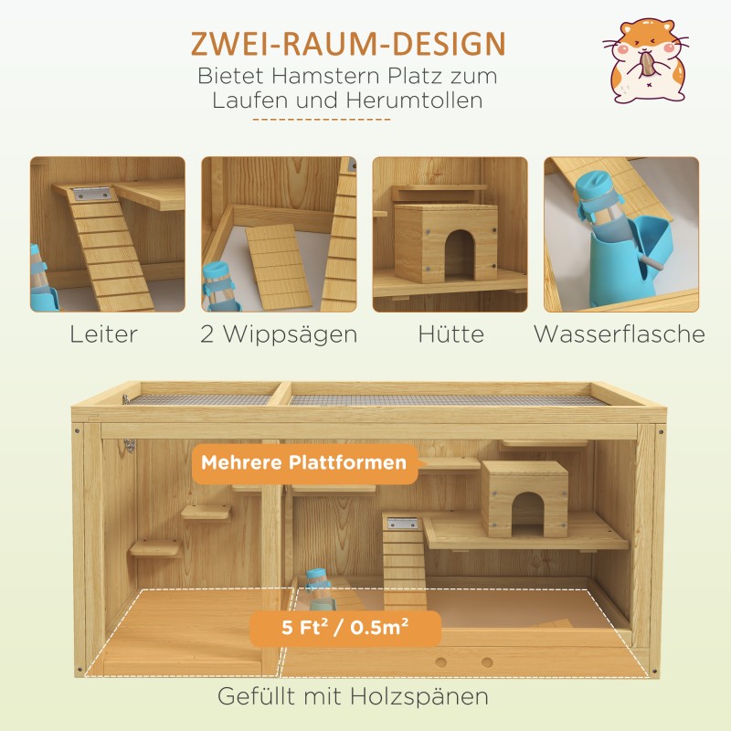 Pieneläinhäkki hamstereille kuusipuuta 100 x 50 x 50 cm luonnonvärinen juomapullolla