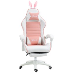 Pelituoli ergonominen gamer tuoli keinonahkaa jalkatuella ja lannerangatukityynyllä pinkki valkoinen
