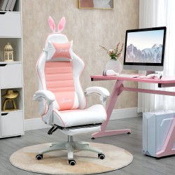 Pelituoli ergonominen gamer-tuoli keinonahkaa jalkatuella ja lannerangatukityynyllä, pinkki-valkoinen