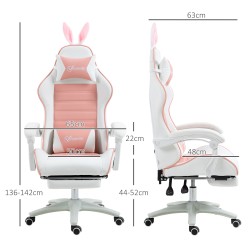 Pelituoli ergonominen gamer-tuoli keinonahkaa jalkatuella ja lannerangatukityynyllä, pinkki-valkoinen