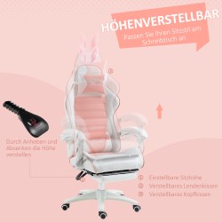 Pelituoli ergonominen gamer-tuoli keinonahkaa jalkatuella ja lannerangatukityynyllä, pinkki-valkoinen