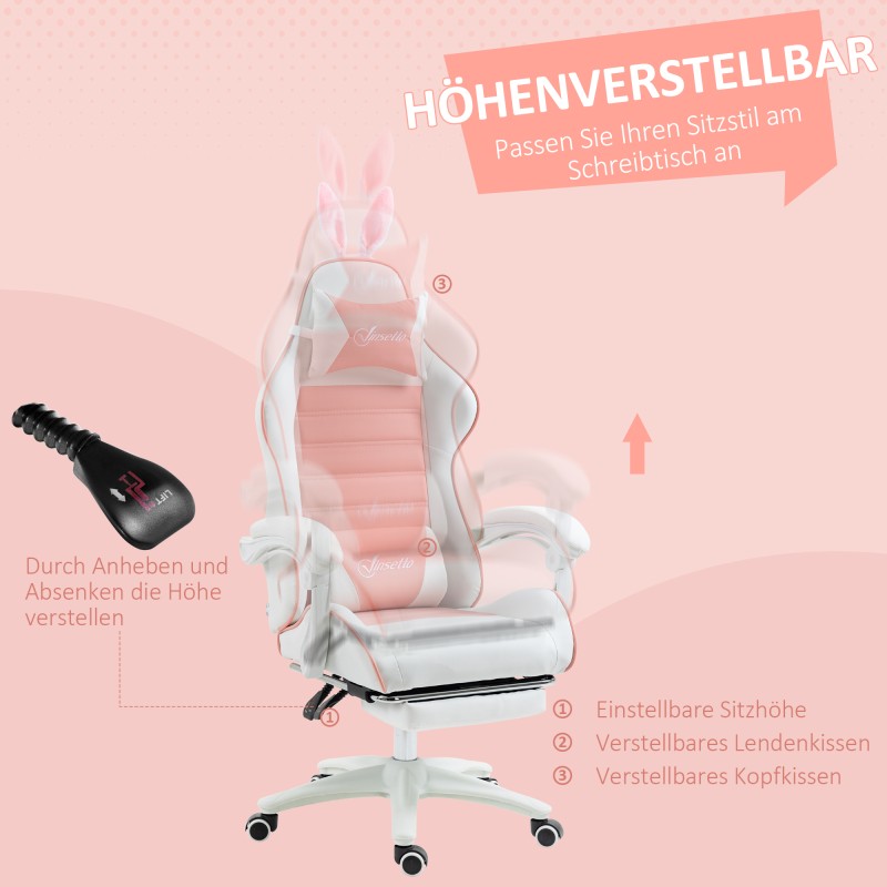 Pelituoli ergonominen gamer-tuoli keinonahkaa jalkatuella ja lannerangatukityynyllä, pinkki-valkoinen