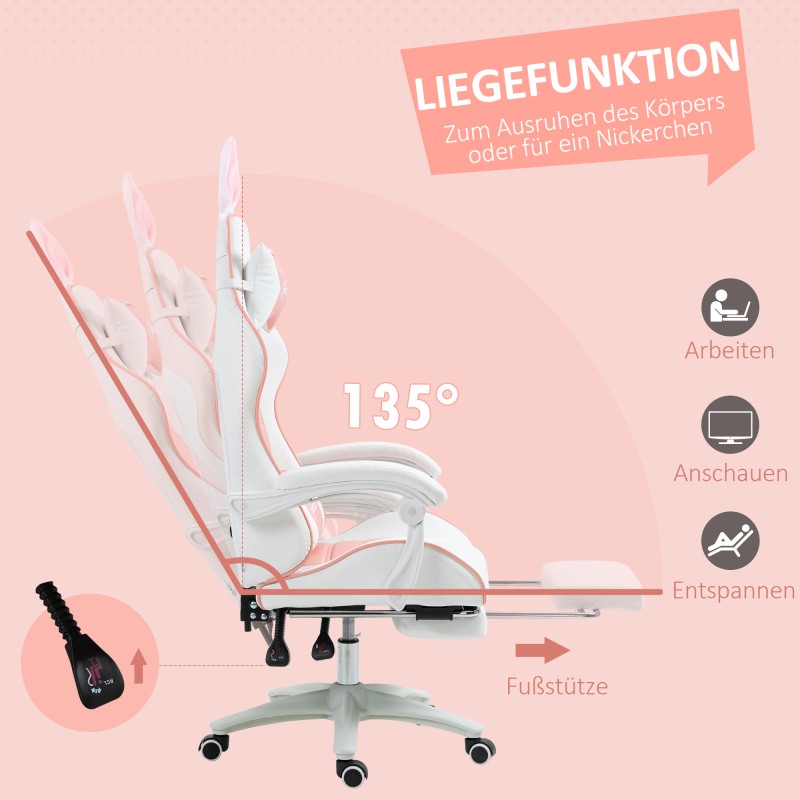 Pelituoli ergonominen gamer-tuoli keinonahkaa jalkatuella ja lannerangatukityynyllä, pinkki-valkoinen