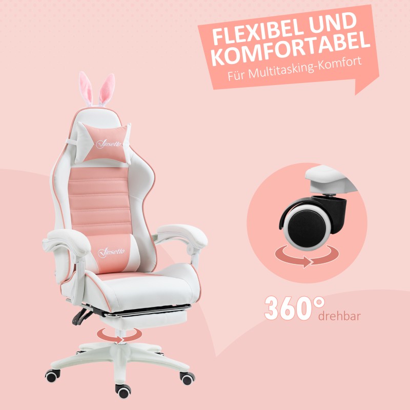 Pelituoli ergonominen gamer-tuoli keinonahkaa jalkatuella ja lannerangatukityynyllä, pinkki-valkoinen