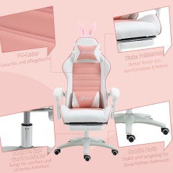 Pelituoli ergonominen gamer-tuoli keinonahkaa jalkatuella ja lannerangatukityynyllä, pinkki-valkoinen