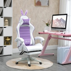 Pelituoli ergonominen keinonahka jalkatuella ja lanneliitetyynyllä violetti valkoinen