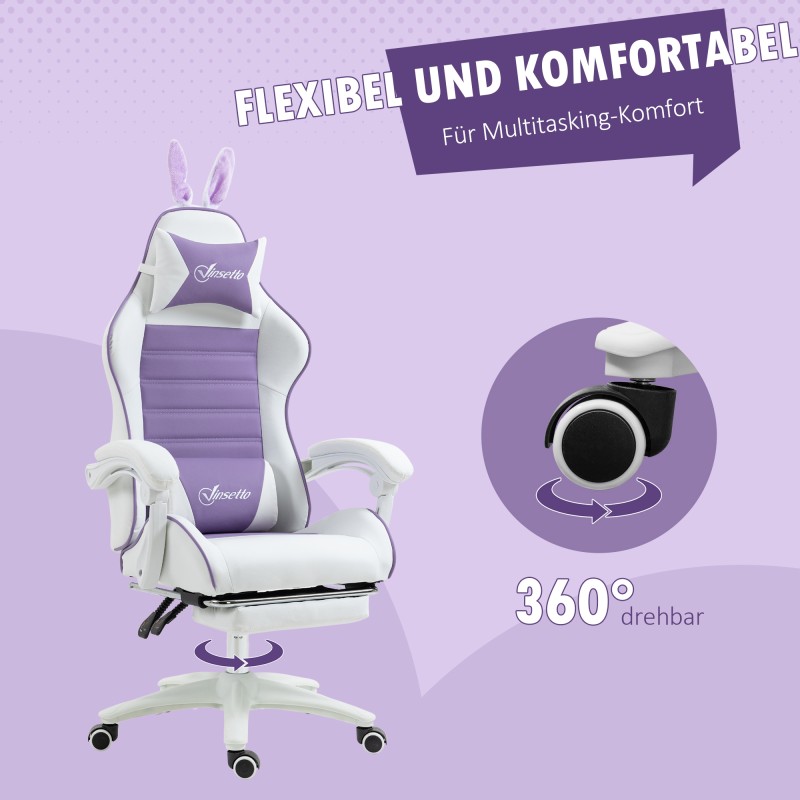 Pelituoli ergonominen keinonahka jalkatuella ja lanneliitetyynyllä violetti valkoinen