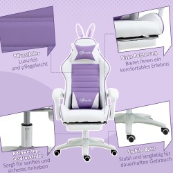 Pelituoli ergonominen keinonahka jalkatuella ja lanneliitetyynyllä violetti valkoinen