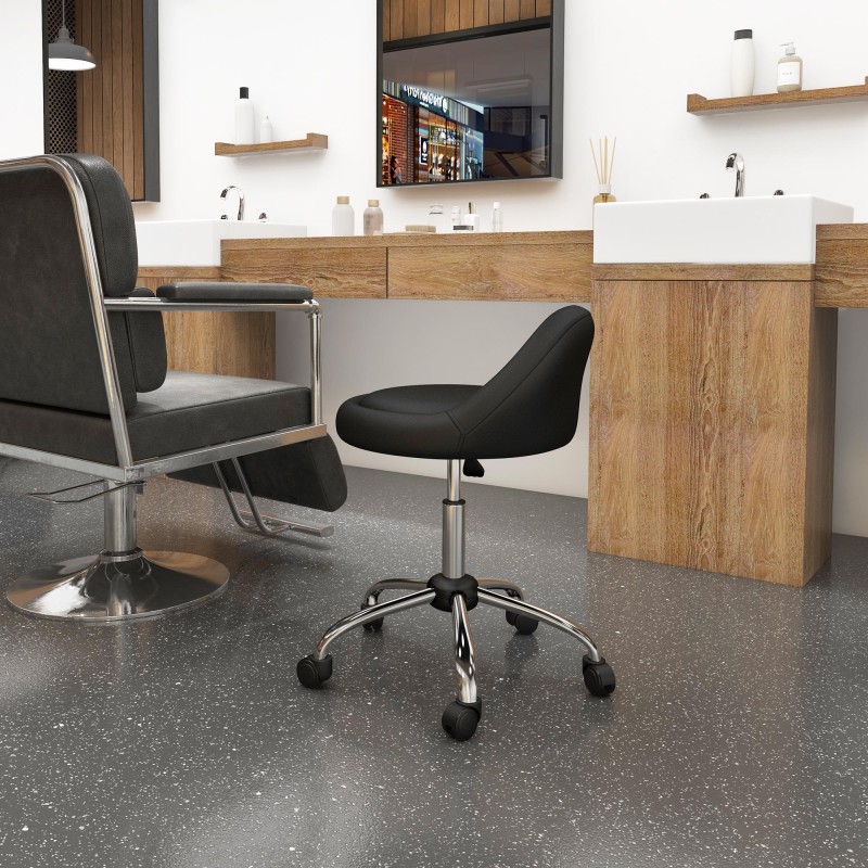 Työjakkara selkänojalla, keinonahka, säädettävä korkeus 63–83 cm, Ø50 cm, musta hopeanvärisellä jalustalla