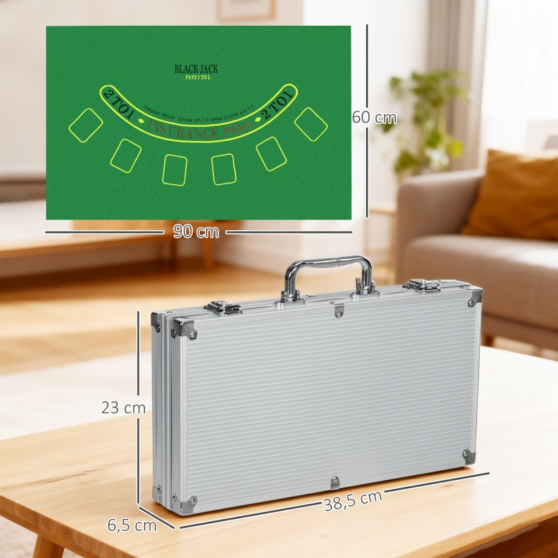 Pokerisetti 300 pelimerkillä, 2 korttipakkaa, 5 noppaa, pelialusta ja alumiininen salkku, hopea