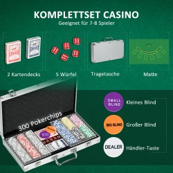 Pokerisetti 300 pelimerkillä, 2 korttipakkaa, 5 noppaa, pelialusta ja alumiininen salkku, hopea