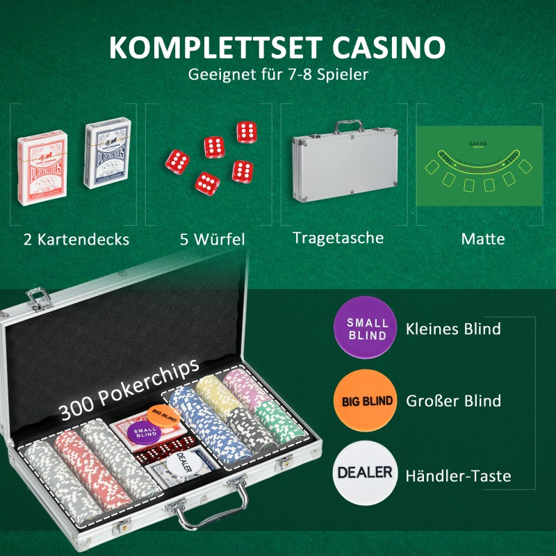 Pokerisetti 300 pelimerkillä, 2 korttipakkaa, 5 noppaa, pelialusta ja alumiininen salkku, hopea