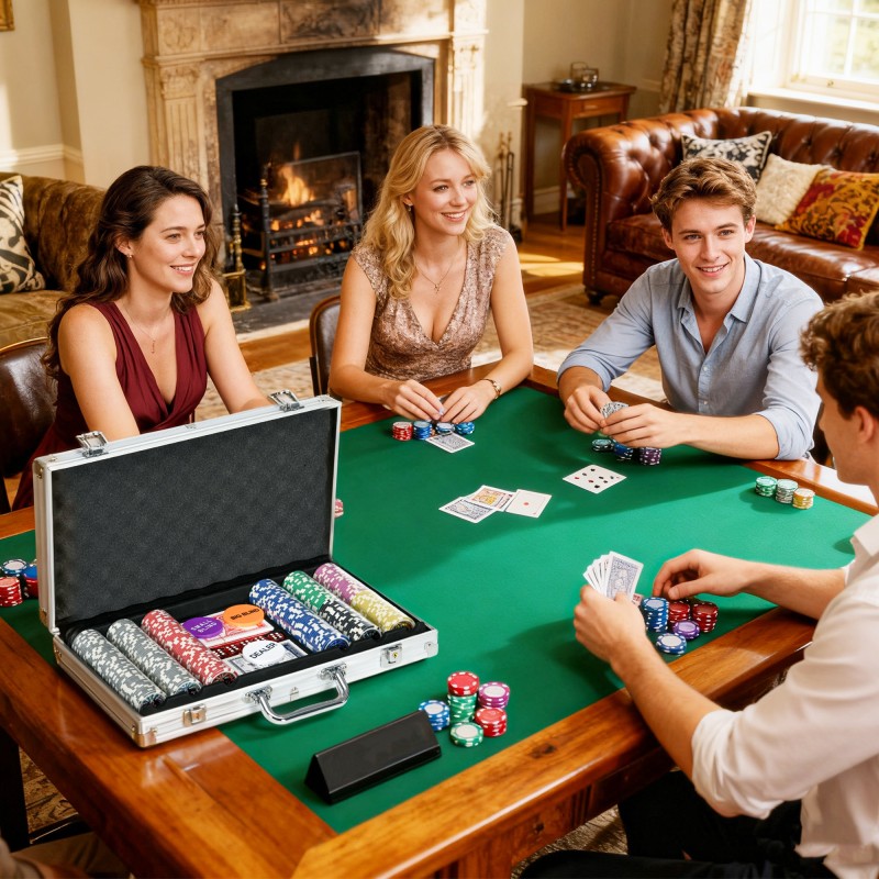 Pokerisetti 300 pelimerkillä, 2 korttipakkaa, 5 noppaa, pelialusta ja alumiininen salkku, hopea