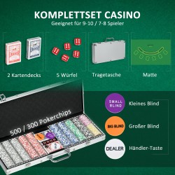 Pokerisetti kotikäyttöön 500 pelimerkillä, pelimatolla ja alumiinisalkulla, hopea