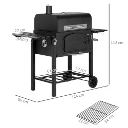 Hiiligrilli BBQ-smoker, säädettävä hiilitaso, sivutasot, 124 x 66 x 112 cm, musta