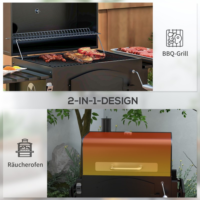 Hiiligrilli BBQ-smoker, säädettävä hiilitaso, sivutasot, 124 x 66 x 112 cm, musta