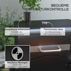Hiiligrilli BBQ-smoker, säädettävä hiilitaso, sivutasot, 124 x 66 x 112 cm, musta