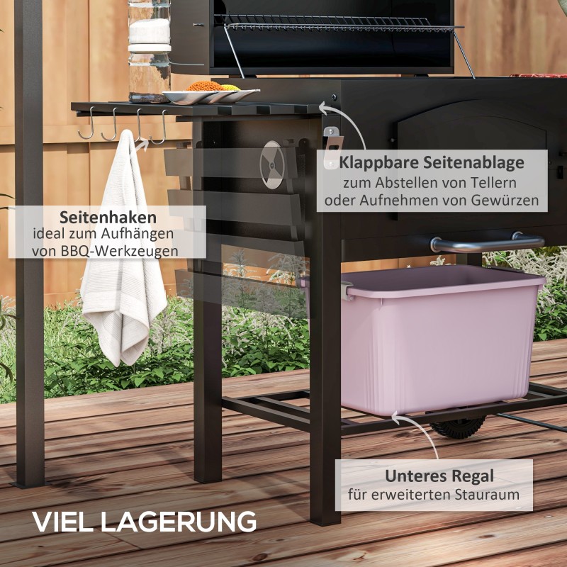 Hiiligrilli BBQ-smoker, säädettävä hiilitaso, sivutasot, 124 x 66 x 112 cm, musta