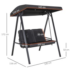 Puutarhakeinu 2 hengen teräsrunko 145 x 116 x 172 cm säädettävä katos musta kantavuus 220 kg