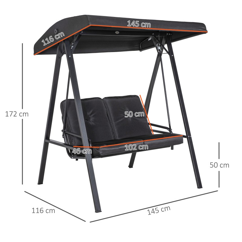 Puutarhakeinu 2 hengen teräsrunko 145 x 116 x 172 cm säädettävä katos musta kantavuus 220 kg