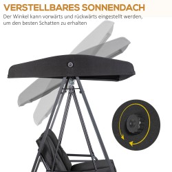 Puutarhakeinu 2 hengen teräsrunko 145 x 116 x 172 cm säädettävä katos musta kantavuus 220 kg