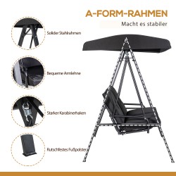 Puutarhakeinu 2 hengen teräsrunko 145 x 116 x 172 cm säädettävä katos musta kantavuus 220 kg