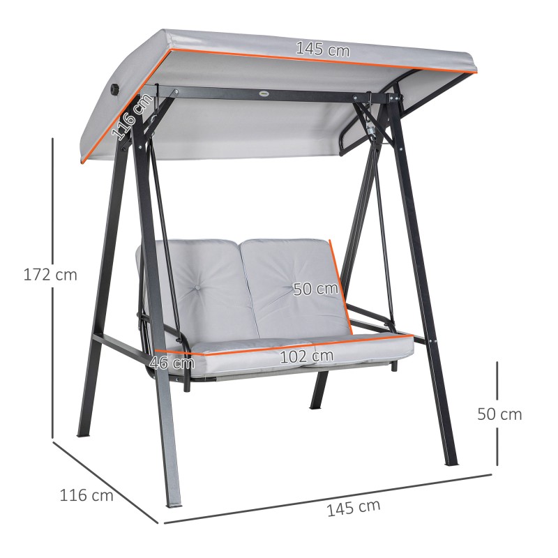 Pihakeinu 2 hengen, teräsrunko, säädettävä katos, 145 x 116 x 172 cm, 220 kg, harmaa