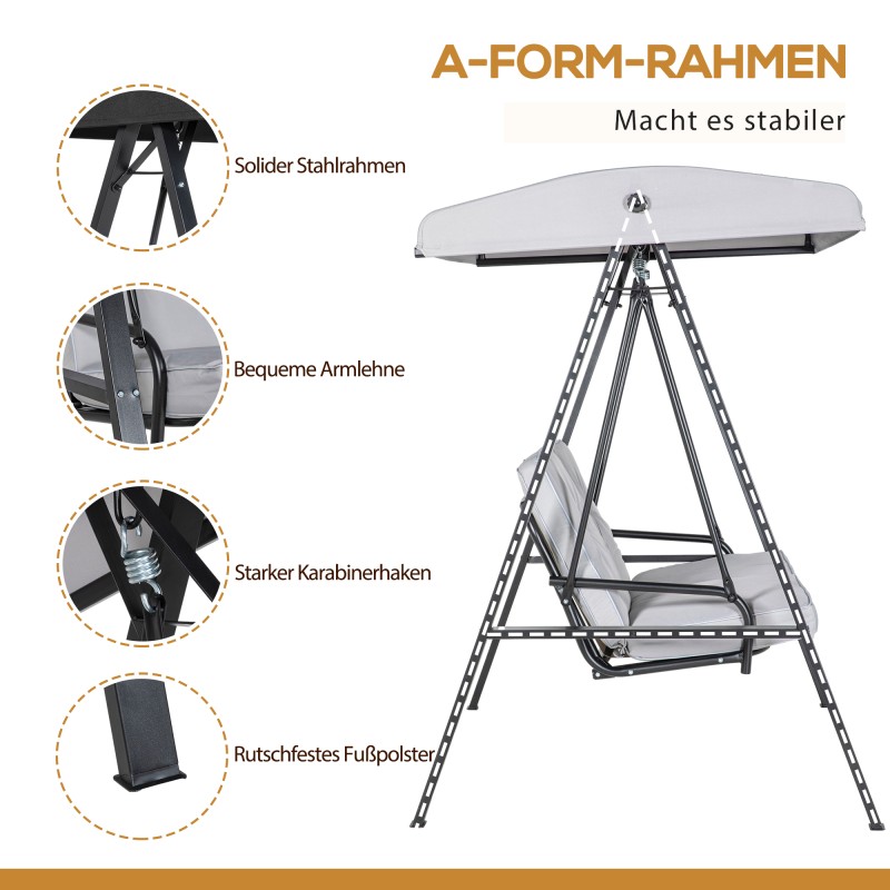Pihakeinu 2 hengen, teräsrunko, säädettävä katos, 145 x 116 x 172 cm, 220 kg, harmaa