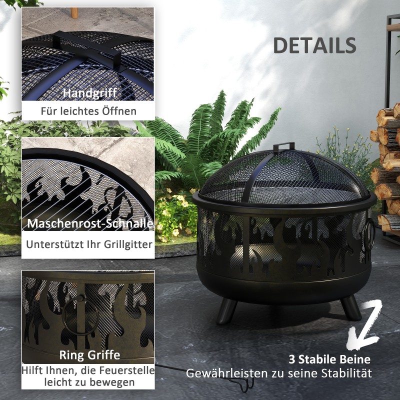 Tulisija ja tulipesä ulkokäyttöön, terästä, Ø61 cm, kipinäsuoja ja grilliritilä, musta