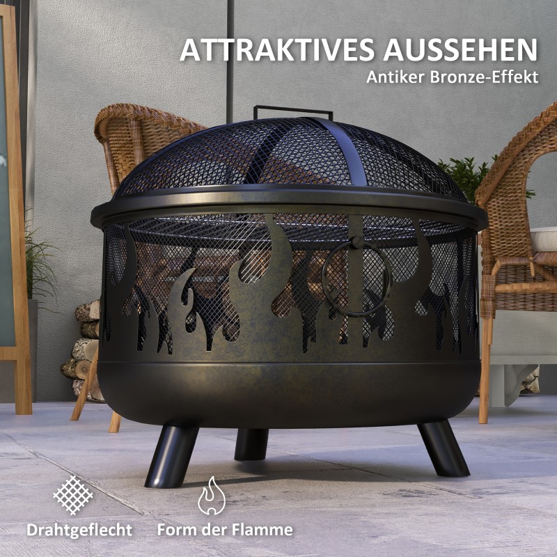 Tulisija ja tulipesä ulkokäyttöön, terästä, Ø61 cm, kipinäsuoja ja grilliritilä, musta