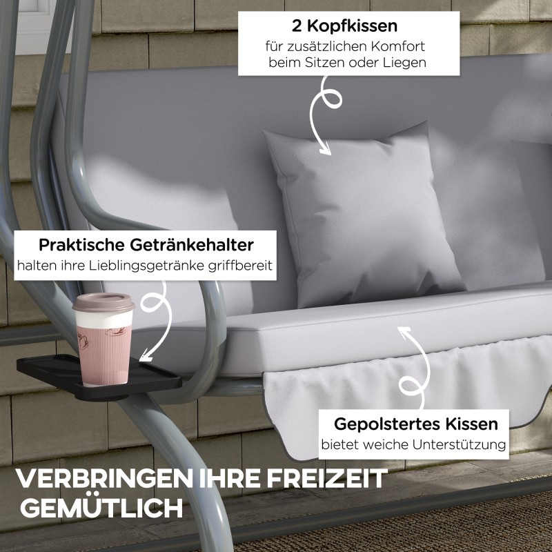Puutarhakeinu 2-in-1 lepotasolla, teräs, 200 x 120 x 164 cm, max 340 kg, harmaa