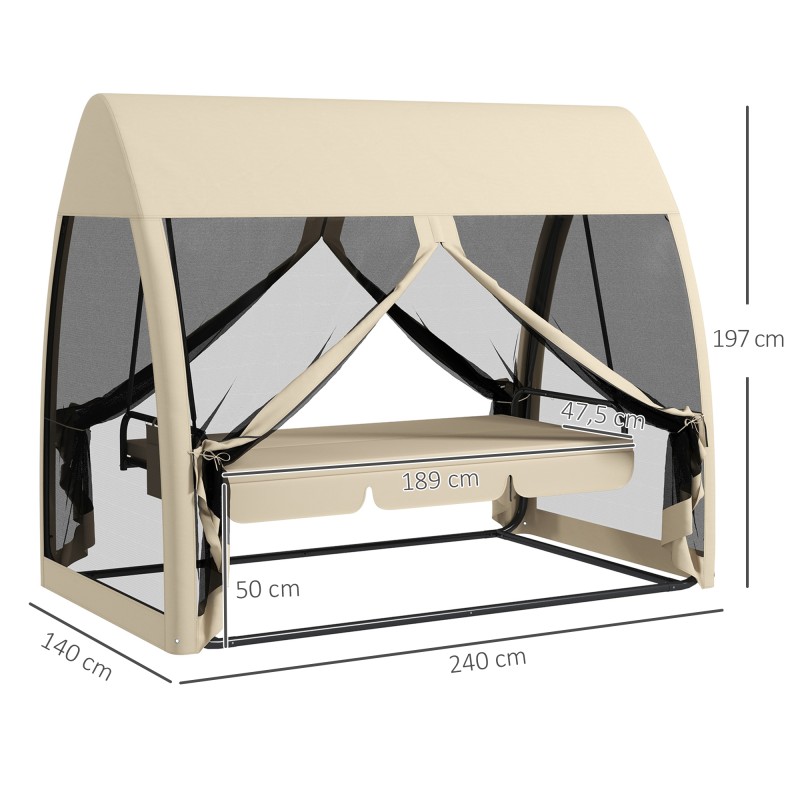Kolmen hengen terassikeinu ulos, teräsrunko, sänkytoiminto ja hyttysverkko, kahvi