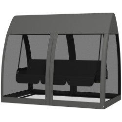 Terassikeinu 3 hengen teräsrunko sängyksi taittuva selkänoja katos ja hyttysverkko harmaa