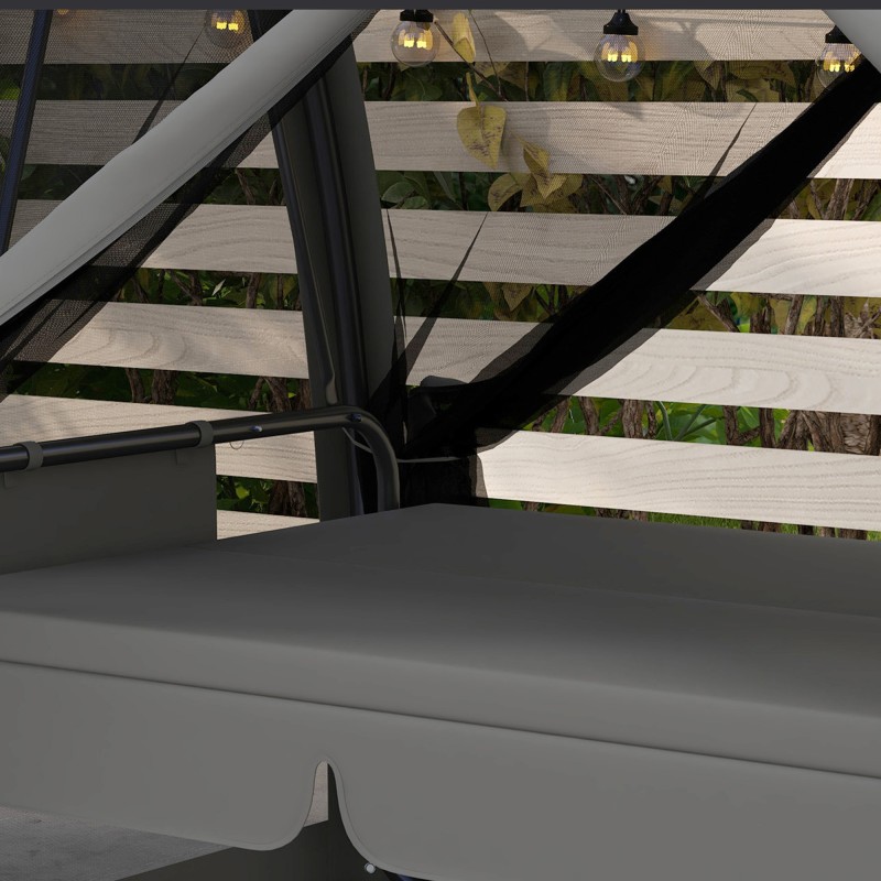 Terassikeinu 3-hengen, teräsrunko, sängyksi taittuva selkänoja, katos ja hyttysverkko, harmaa