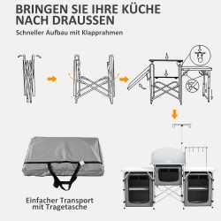 Taitettava retkikeittiö ulkokäyttöön, alumiinirunko, 172x48x119 cm, harmaa/hopea