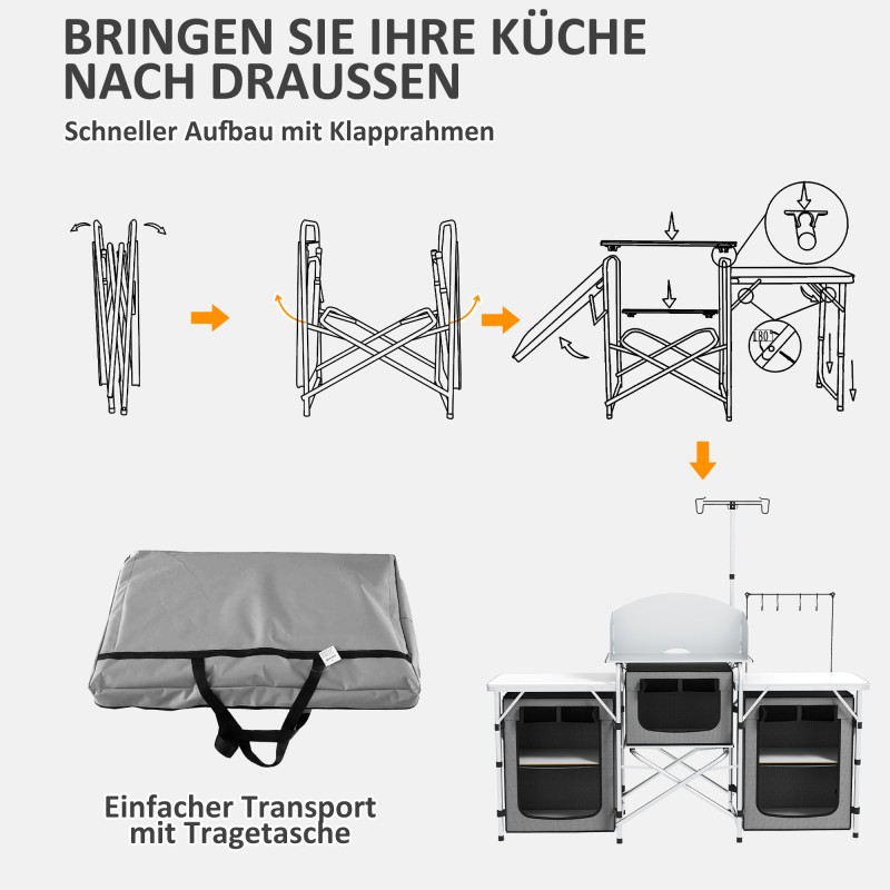 Taitettava retkikeittiö ulkokäyttöön, alumiinirunko, 172x48x119 cm, harmaa/hopea