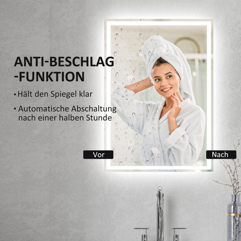 LED-kylpyhuonepeili huurteenestolla 50 x 70 cm, kosketuskytkin, säädettävä valkoinen valo IP44