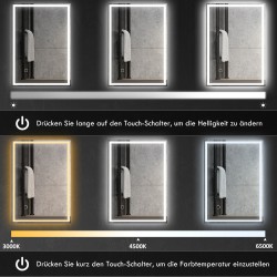 LED-kylpyhuoneen peili 50 x 70 cm IP44, kosketuskytkin, kylmän valkoinen valo