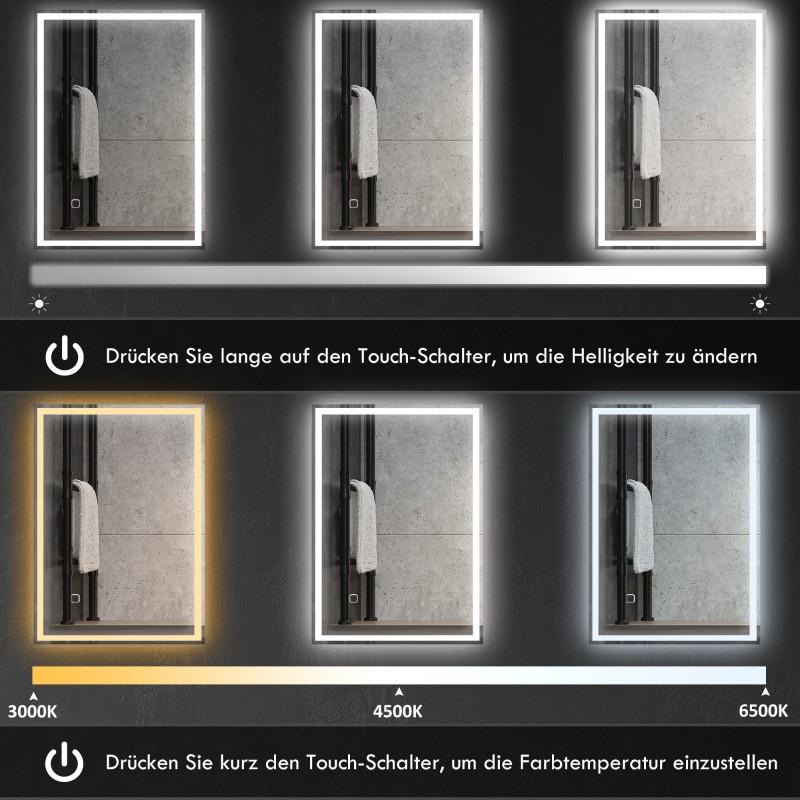 LED-kylpyhuoneen peili 50 x 70 cm IP44, kosketuskytkin, kylmän valkoinen valo