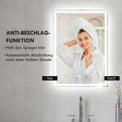 LED-kylpyhuoneen peili 50 x 70 cm IP44, kosketuskytkin, kylmän valkoinen valo