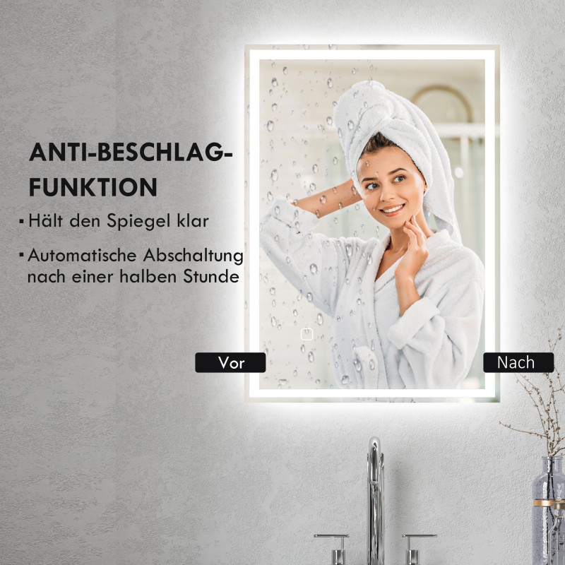LED-kylpyhuoneen peili 50 x 70 cm IP44, kosketuskytkin, kylmän valkoinen valo