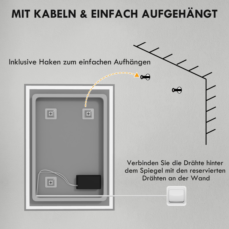 LED-kylpyhuoneen peili 50 x 70 cm IP44, kosketuskytkin, kylmän valkoinen valo