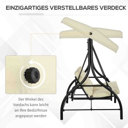 Puutarhan kolmipaikkainen keinusohva aurinkokatoksella, teräsrunko, beige/musta