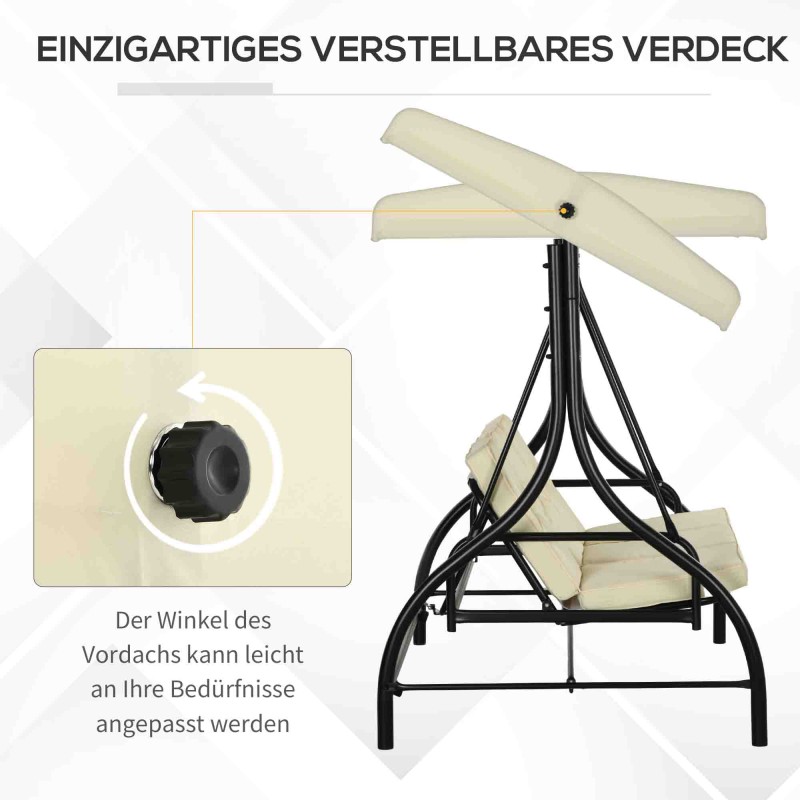 Puutarhan kolmipaikkainen keinusohva aurinkokatoksella, teräsrunko, beige/musta