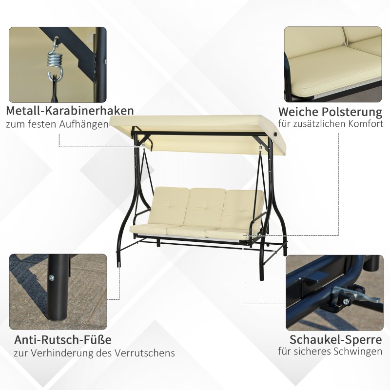 Puutarhan kolmipaikkainen keinusohva aurinkokatoksella, teräsrunko, beige/musta